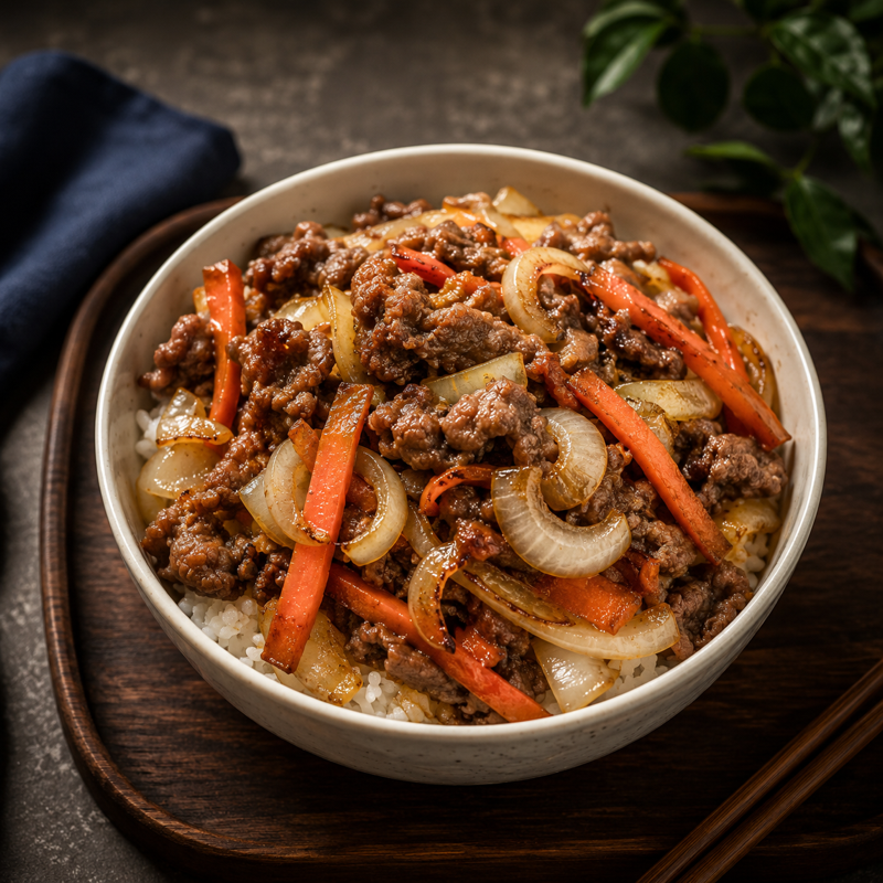 Bœuf haché sauté et oignons caramélisés sur riz blanc