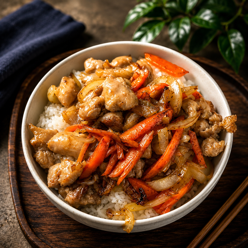 poule sauté et oignons caramélisés sur riz blanc