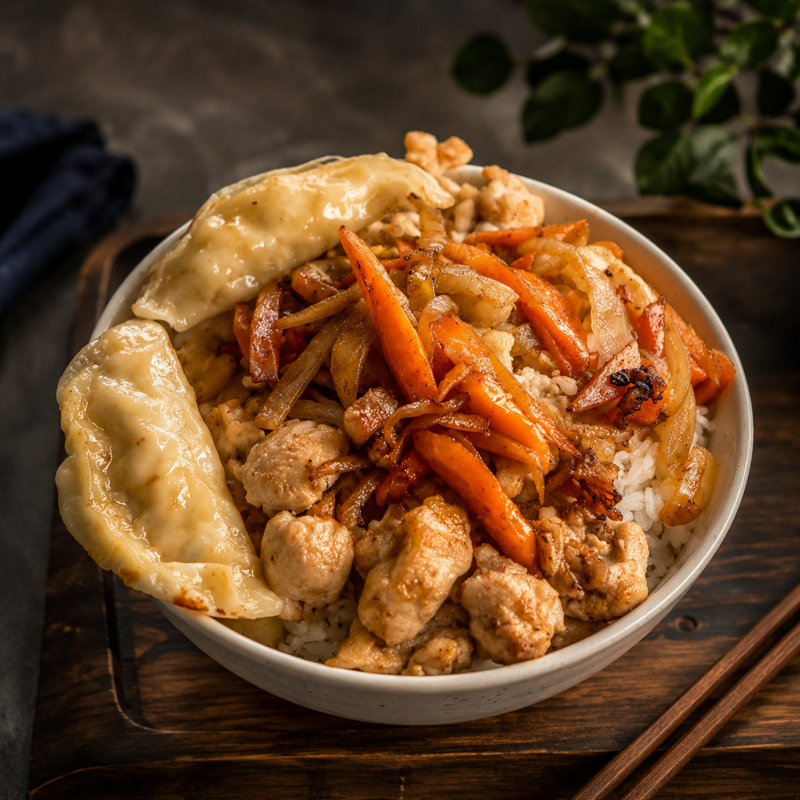 poule sauté et oignons caramélisés sur riz blanc+2p ravioli