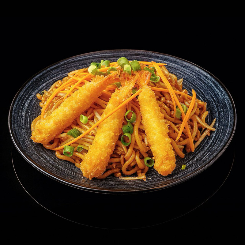 炸虾乌冬面 Udon saute aux crevettes frites