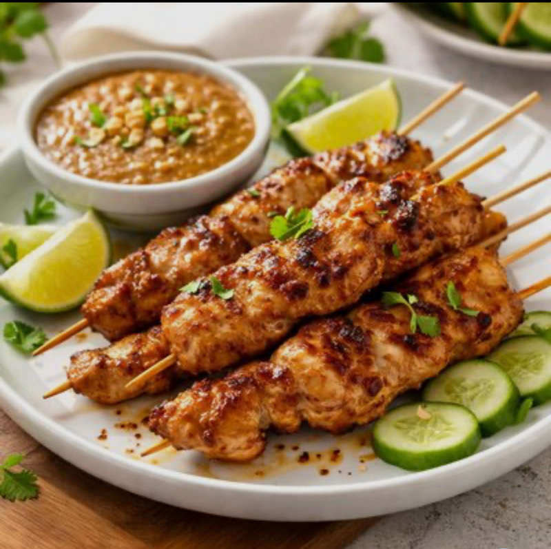 27. Brochettes de poulet grillé au satay ou curry