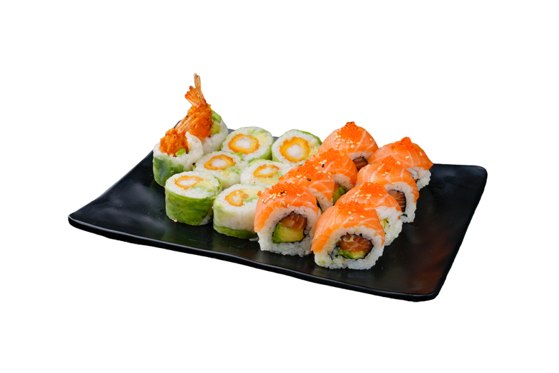 PL25. 8 Printemps tempura crevette, 8 California royal saumon avocat avec tobiko