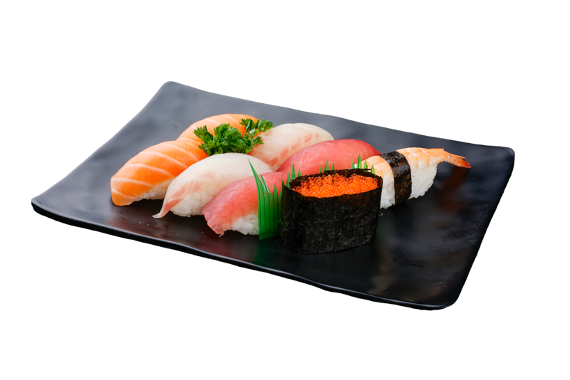 PL9. 2 Sushi saumon, 2 sushi thon, 2 sushi daurade, 1 crevette, 1 tobiko