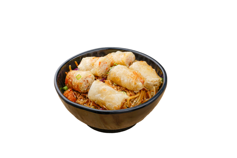 Nouilles sautées légumes avec nem poulet 